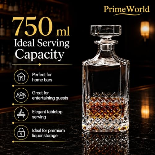 Image of PrimeWorld Crystal Glass Decanter with Stopper (750 ml) | Premium Liquor & Wine Decanter for Whiskey, Scotch, Bourbon, Vodka, Brandy & More | Elegant Glass Bottle for Home Bar & Gifting (1 Pc)