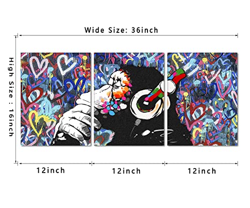 3 Panels Banksy Canvas Wall Art Graffiti Orangutan Wall Decor Monkey Listen To Music Artworks Abstract Colorful Pictures Urban Street Painting On The Wall For Bedroom Decor Ready To Hang-36"Wx16"H #TOP4