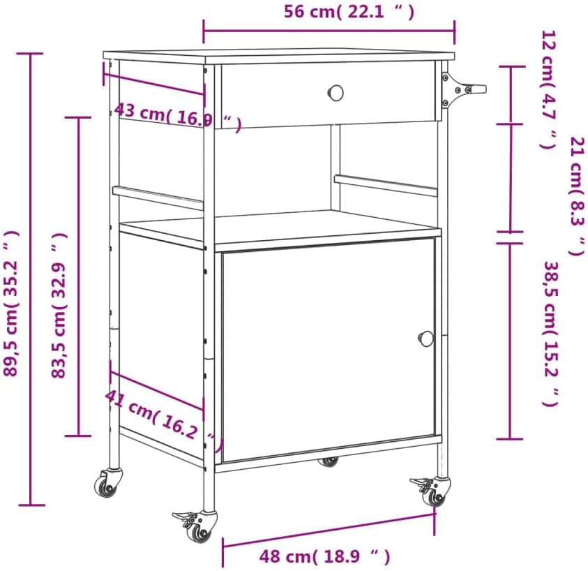 Kitchen Trolley Smoked Oak Engineered Wood 22"x16.9"x35.2" Rolling Kitchen Cart with Wheels, Kitchen Storage Cart, Mobile Food Cart, Durable Serving Cart, Kitchen Island Cart