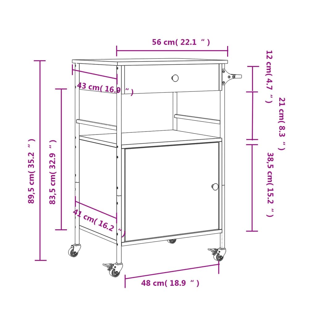 Küchenwagen Grau Sonoma Holzwerkstoff 56x43x89,5 cm Servierwagen mit Stauraum 4 Rollen Bremsen Beistellwagen