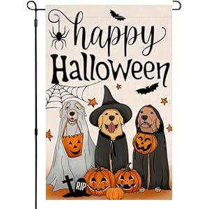 Happy Halloween Dog Pumpkin Garden Flag 12×18 Double Sided for OutsideGolden Retriever Fall Autumn Witch Hat Small Burlap Yard Flag for Outdoor Holiday Home Decor