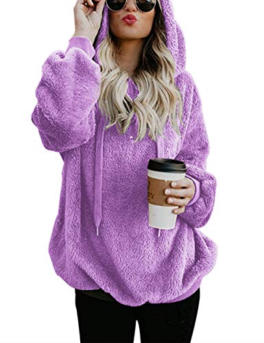 Romanstii Women's Long Sleeve Hooded Fleece Sweatshirt Warm Fuzzy Zip Up Hoodie with Pockets Purple M