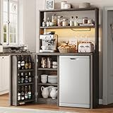 Jocoevol Coffee Bar Cabinet with Fridge Space, Mini Fridge Cabinet with Power Outlets and Glass Holder, Farmhouse Design Liquor Cabinet Bar for Home, Living Room, Kitchen, Gray