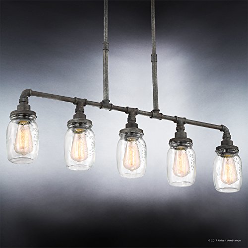 Urban-Ambiance-Luxury-Industrial-Chandelier-Large-Size-1925-H-x-38-W-with-Provencial-Style-Elements-Aged-Pipe-Linear-Design-Antique-Black-Finish-and-Mason-Jar-with-Floral-Pattern-UQL2664 Urban Ambiance Luxury Industrial Chandelier Large Size 1925 H x 38 W with Provencial Style Elements Aged Pipe Linear Design Antique Black Finish and Mason Jar with Floral Pattern UQL2664