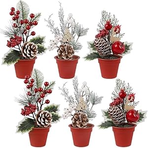 winemana Mini Christmas Tree Table Decorations, 6 Pcs Small Artificial Tree with Pine Cones & Red Berry, Holiday Tabletop Centerpiece for Home Kitchen Room Mantel Winter Party Decor winemana Mini Christmas Tree Table Decorations 6 Pcs Small Artificial Tree with Pine Cones Red Berry Holiday Tabletop Centerpiece for Home Kitchen Room Mantel Winter Party Decor