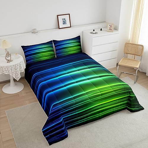 Image of Feelyou Blue Green Ombre Bedding Set King for Kids Toddler, Blue Green and Black Comforter Gradient Lines Comforter Set Geometric Abstract Ombre Duvet Set Lightweight Quilt Set