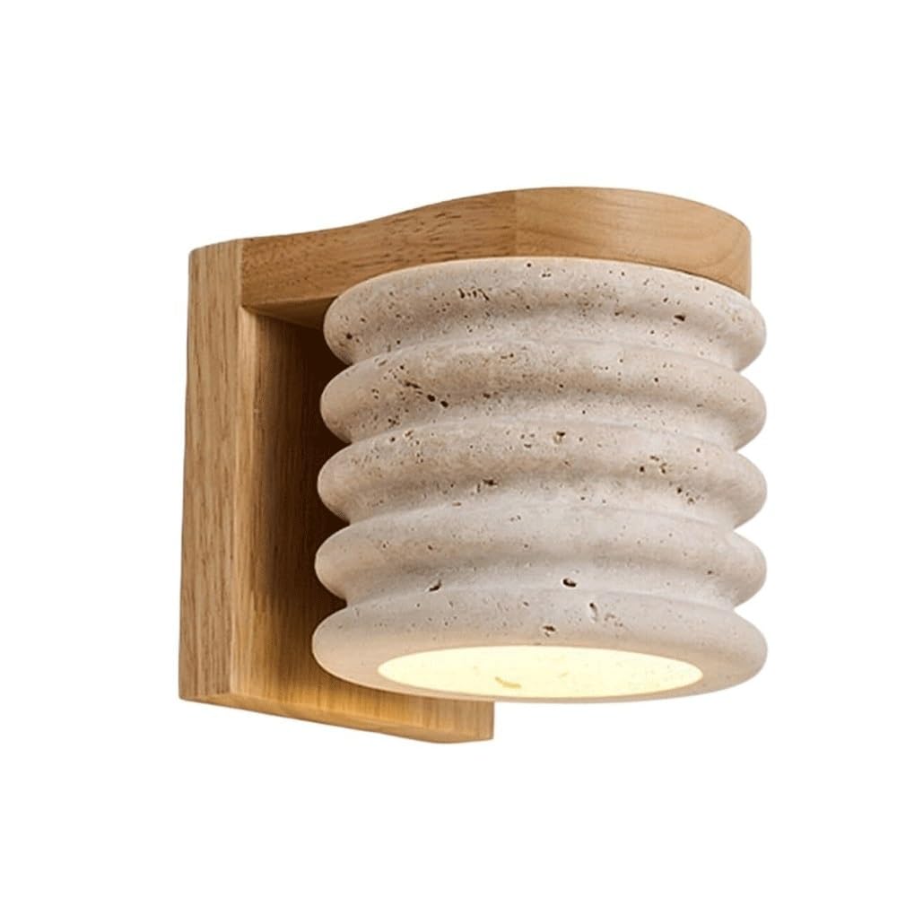 ITOSUI Japanese Style Travertine Wall Sconce with Solid Wood Base Natural Stone & Oak Bedside Light for Bedroom Living Room, Downlight Wall Lamp, E26 Socket, Warm Ambient Lighting