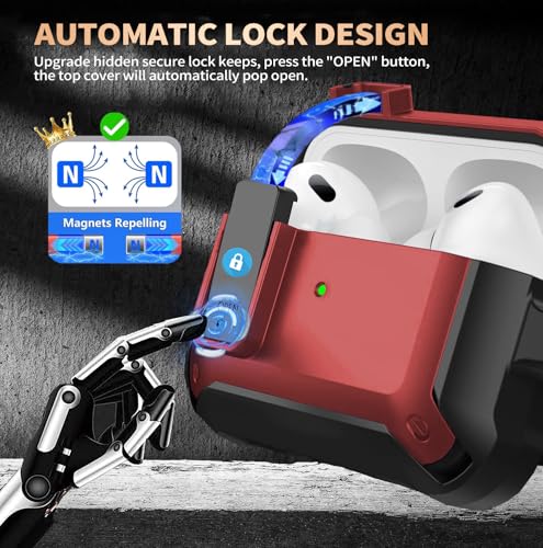 Image of Olytop for Airpods Pro 3 Case with Magnetic Automatic Lock, Rugged Apple Airpods Pro 3rd Generation Cover 2025, Armor Shockproof iPod Pro3 Gen Protective Shell with Carabiner&Cleaner kit, Black /Red