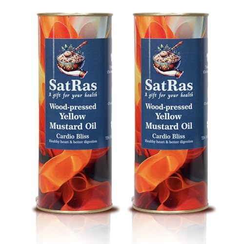 Image of SatRas Wood Pressed Yellow Mustard Oil 2 Ltr | Kachi Ghani Cold Pressed Mustard Oil | Sarso Sarson Tel | Wooden Kolhu Extracted | Unrefined Chemical Free Indian Edible Oil | Rich in Omega 3, 6 & Vitamin E