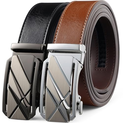 Image of 2 Pack Ratchet Belt 1 3 /8 inch, Mens leather Dress Belt in Gift Set Size 28 inch-62 inch Adjustable waist Trim to Fit