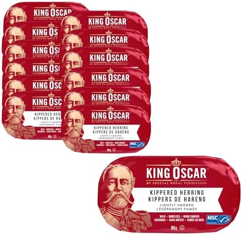King Oscar, Kippered Herring, Lightly Smoked, 80 gram cans (Packs of 12)