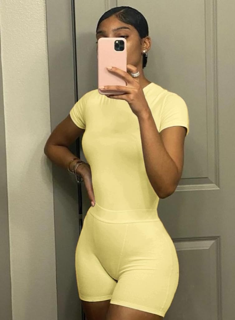 AYWA Two Piece Outfits for Women Fitted Crew Neck T-shirt High Waist Leggings Biker Shorts Matching Sets Streetwear