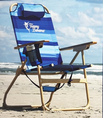 Tommy Bahama 4-Position HI-BOY Folding Beach Chair with Wooden Chair Handle (Blue Stripes)
