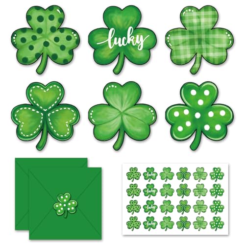 Whaline 36 Pack St Patrick's Day Greeting Cards Boxed Green Shamrock Lucky Clover Blank Note Cards with Envelopes Stickers Glue Stick for Spring Irish Holiday Birthday Party Supplies