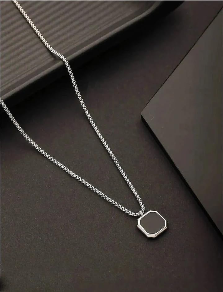 t trendy mart Men's Jewellery Silver Chain For Men Boys Geometric Stainless Steel Black Silver Gold Locket Pendant Necklace Chain For Men Boys Anniversary Gift For Husband-picture-14
