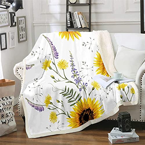 Loussiesd Sunflower Blanket Floral Sherpa Blanket for Women Blossom Yelow Flowers Fleece Throw Blanket Breathable Botanical Branches Plush Blanket Air Conditioning 40x50 Inch