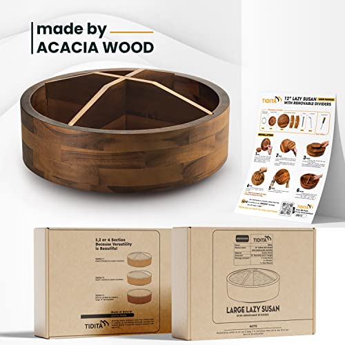 Rabaha 12" Lazy Susan Organizer With 4 Dividers - Wooden Lazy Susan Turntable For Table, Cabinet - Kitchen Storage Food Bin Container For Spices, Fridge, Pantry, Countertop, Bathroom (Acacia Wood) #TOP3