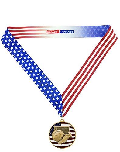 Decade Awards Soccer Patriotic Medal, Gold - 2.75 Inch Wide Futbol First Place Medallion With Stars And Stripes American Flag V Neck Ribbon #TOP2