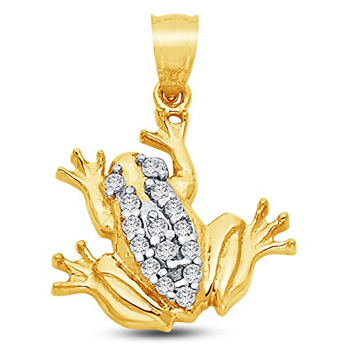 14K Yellow Gold Frog Pendant Charm with CZ Cubic Zirconia Accents (18x20 mm)
