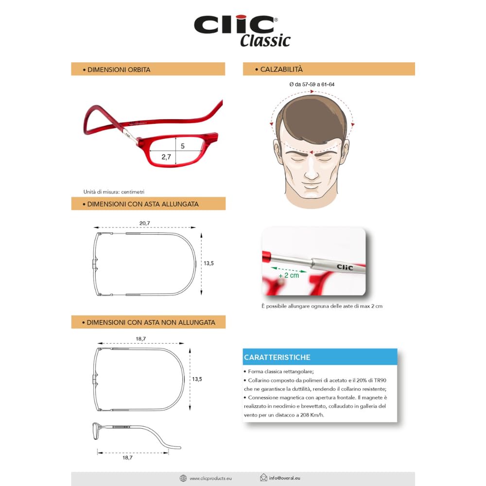 CliC Classic Okulary do czytania dla kobiet i mężczyzn, oryginalne okulary, okulary magnetyczne z wysuwanym drążkiem, pomoc w czytaniu, okulary do czytania