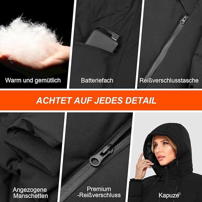 Chaqueta Calefactable con Capucha, Hombres Ropa Abrigada de Invierno Mujeres Abrigos Impermeables con 10000 mAh 3 Niveles de Calefacción y 4 Zonas Calefactables para Actividades al Aire Libre