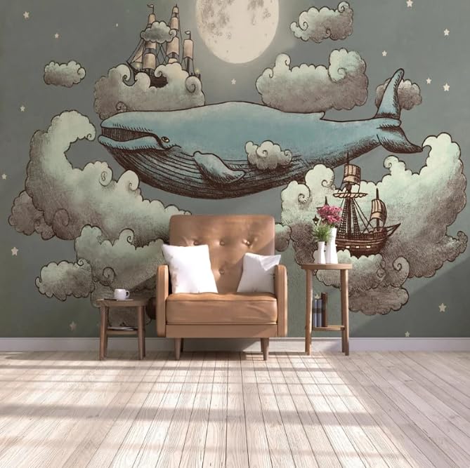 Papier peint grand format baleine 3D et navire aquarelle pour mur enfant 400x280
