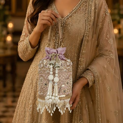 Image of Nevis Silk Fabric Designe Embroidered Potli Bag with Pearl Tassels & Beaded Strap | Bridal Ethnic Drawstring Clutch for Wedding