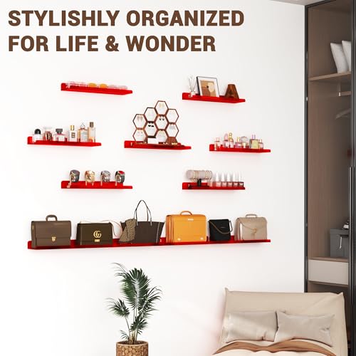 Image of Qukaka Floating Shelves for Wall Decor, 15 inch Wall Shelves for Bedroom, Living Room, Kitchen, Bathroom Decor, Nail Polish /Book /Decoration /Makeup /Perfume Organizer Floating Shelf-3Pack Clear Red