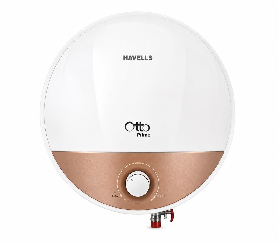 Havells Otto Prime 15 Litre Storage Water Heater (Geyser) | Incoloy Glass Coated Heating Element | Feroglas Tank | Shock Safe Plug | LED Indicator | White & Champagne Gold-image-0