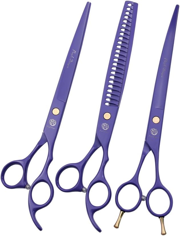 8.0 inch Professional Dog Grooming Hair Cutting Scissor &Curved Scissor&Chunker Shear Kit with Bag - for Pet Groomer or Family DIY Pet Use 8.0 inch Purple PD006