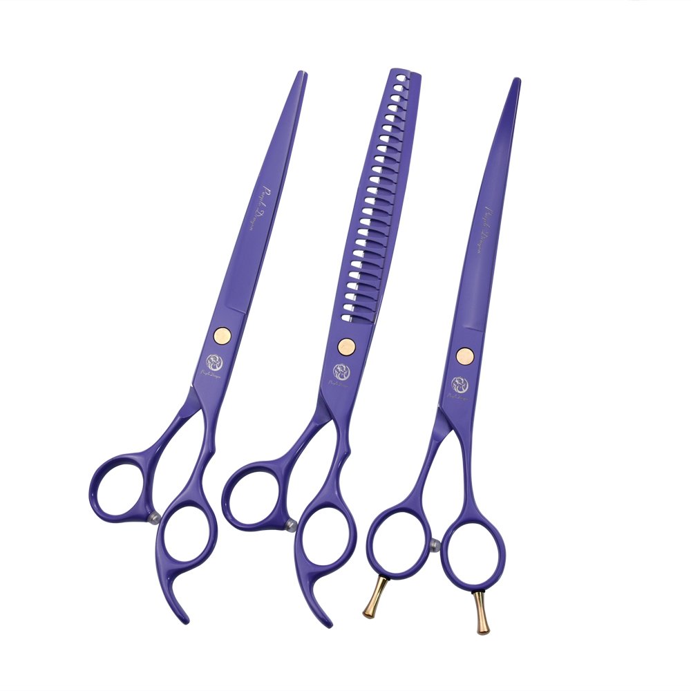 Purple Dragon 8.0 inch Professional Dog Grooming Hair Cutting Scissor &Curved Scissor&Chunker Shear Kit with Bag - for Pet Groomer Or Family DIY Pet Use (8 inch, Purple)