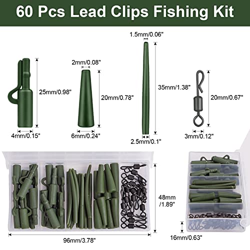 Realure 60 Pcs Lead Clips Carp Fishing Accessories Safety Lead Clips Action Pack with Clips Anti Tangle Sleeves Rubber Tails and Quick Change Swivels for Small Weights,Feeder (Green) - Image 2