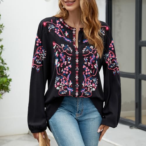 Womens Long Sleeve Shirts Fall Tops Embroidered Blouses Casual Loose Peasant Tunic Mexican Trendy Clothes2