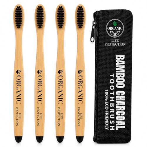 Image of Bamboo Toothbrush Pack of 4 - Eco-Friendly Biodegradable Wooden Toothbrush | Soft Charcoal Bristles for Sensitive Gums & Deep Cleaning | BPA-Free, Zero Waste, Vegan Oral Care