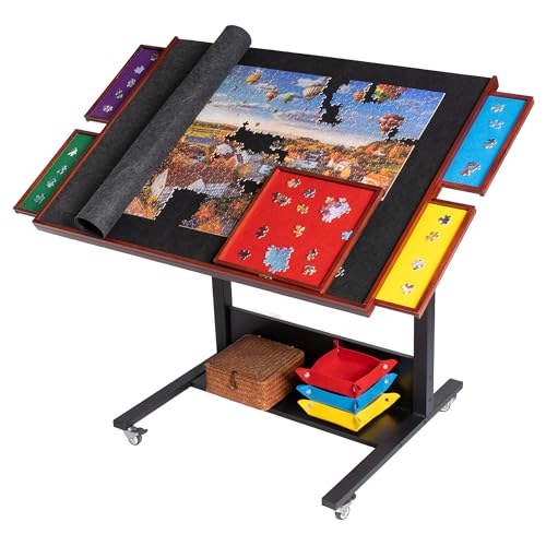 Becko US 36.6 x 26 Inches Tilting Puzzle Table/Board for 1500 Pieces Jigsaw Puzzle Table with Drawers & Height Adjustment 5 Colored Sorting Trays with Felt Cover Protecting Movable with 4 Wheels