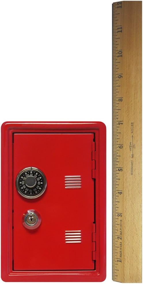 Kid's Coin Bank Locker Safe with Single Digit Combination Lock and Key - 7” High x 4” x 3.9” Red