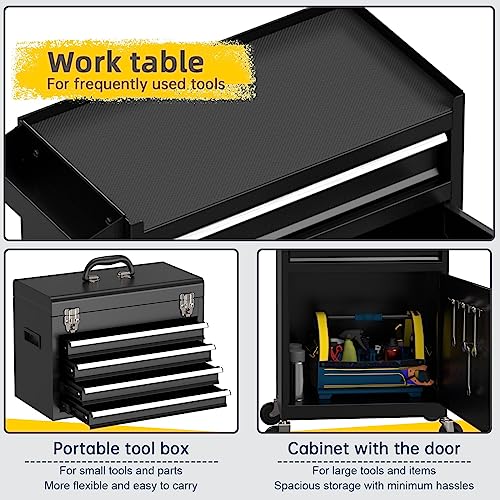 Dusacom 5-Drawer 2 In 1 Craftmen Tool Box With Wheels, Extra Big Tool Chest Organizers,Lockable Tool Storage Cabinet With Drawers For Workshop Garage Warehouse, Black #TOP2