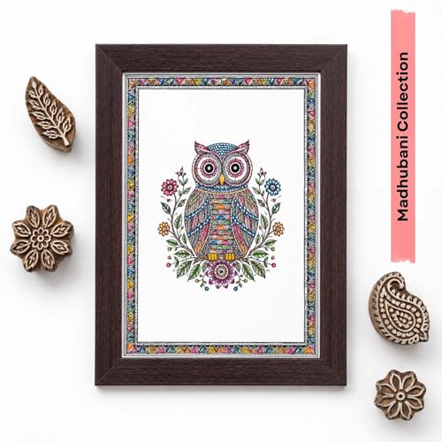 Image of PAPER PAJAMA Owl Wall Art for Living Room | Madhubani Owl Painting | Colorful Folk Art Bird Artwork Framed Decor for Home, Office & Study Room (10x13 Inches)