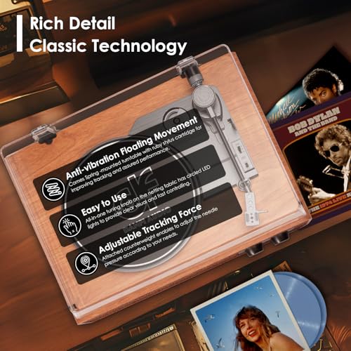 Vinyl Record Player Vintage 3 Speed Turntable Bluetooth with Upgraded Speakers, Adjustable Counterweight, Vinyl LP Player with Enhanced Sound, Aux-in & RCA Output,Light Wood
