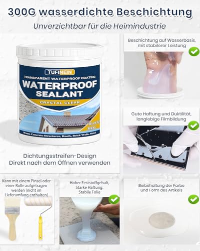 Transparenter Wasserdichter Beschichtungsmittel 300G, TUFINEIN Wasserdichte Isolier-Dichtstoff-Emulsion Leck Wasserdichter Universalabdichtung Unsichtbare, Innen und Außen Dichtmasse Wasserdicht