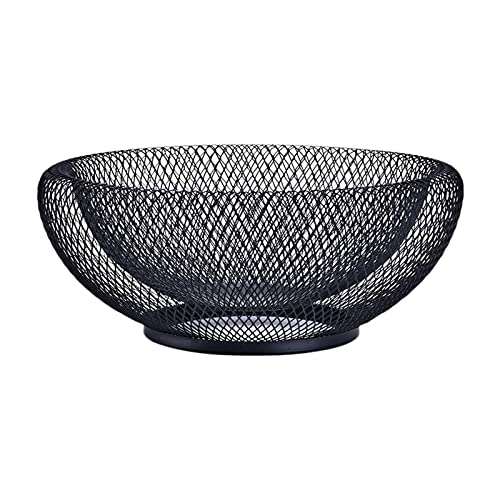 EACHPT Metal Mesh Fruit Basket, Round Gold Retro Hollow Out Iron, Snack Storage, Iron Fruit Holder, for Kitchen Counters Table (Black)