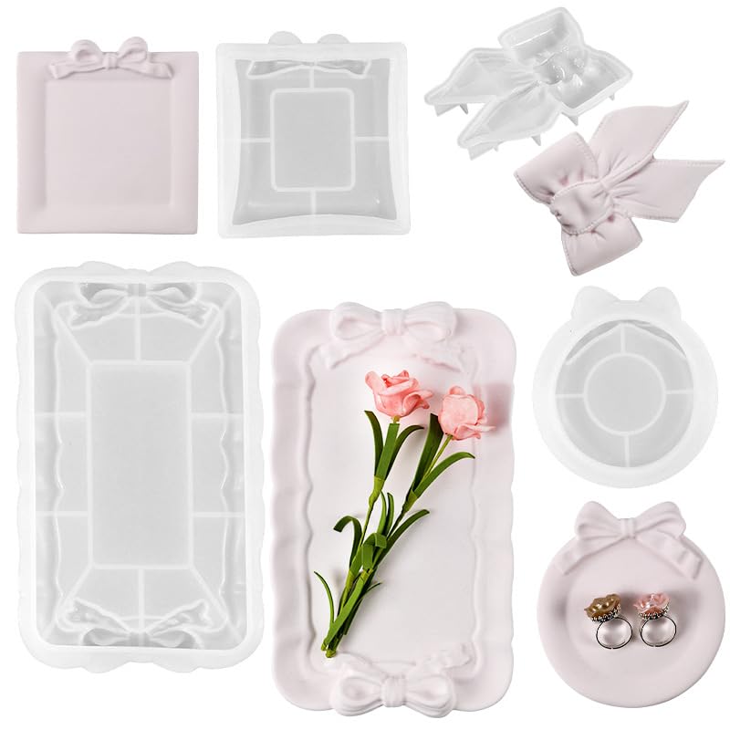 Yalulu 4Pcs European Bow Lace Resin Tray Mould, Plate Silicone Mold, Silicone Tray Mould for Resin, DIY Epoxy Mould for Plate, Dish, White