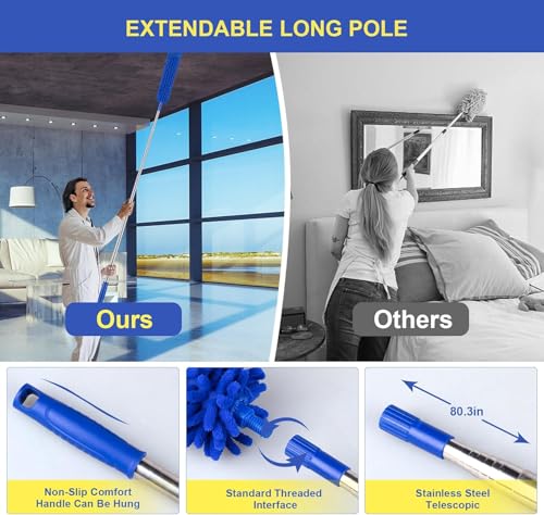 Image of Microfiber Feather Chenille Duster for Dust Cleaning with extendable Pole 100 Inch with Anti Scratch Bendable Washable Duster with High Cobweb Stick for High Ceiling Fans, Furniture - Blue