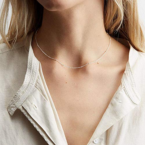 Mevecco Silver Plain Simple Chain Choker Necklace,14K Silver Plated Cute Tiny Bead/Satellite Chain Minimalist Necklace For Women #TOP2