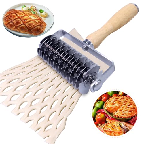 Stainless Steel Pastry Lattice Cutter, Lattice Dough Wheel Cutter with Wooden Handle, Roller Cutter for Lattice Pie Crust, Beef Wellington, Metal Pastry Dough Slicer for Bread, Pizza, and Puff Pastry