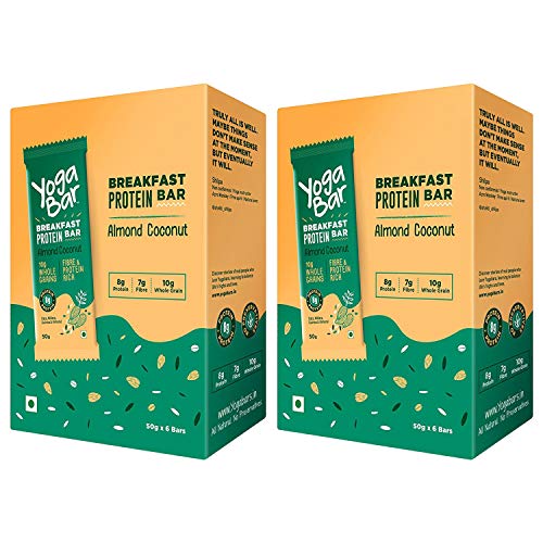 Image of Yogabar Breakfast Protein-Bar Almond Coconut - Pack of 12, Wholegrain Low Fat Snacks with Millets and Oats, High in Protein (8g) and Fibre, Gluten Free Granola Bar with Chia and Flax Seeds