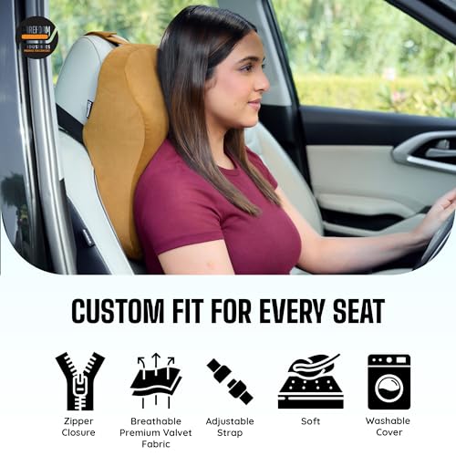 Image of CareFoam Ultimate Memory Foam Car Neck Rest Pillow, Comfortable Rides, Superior Neck Support Cushion, Relieves Neck Pain, Tan Velvet Cover | 14 x11 x5 Inch | Small Pack of 1