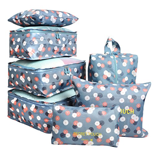 7 Set Travel Cubes,5 Colors Waterproof Mesh Durable Luggage Packing Organizers,1 Travel Shoe Bag,6 Set Packing Cubes (Blue Flowers)