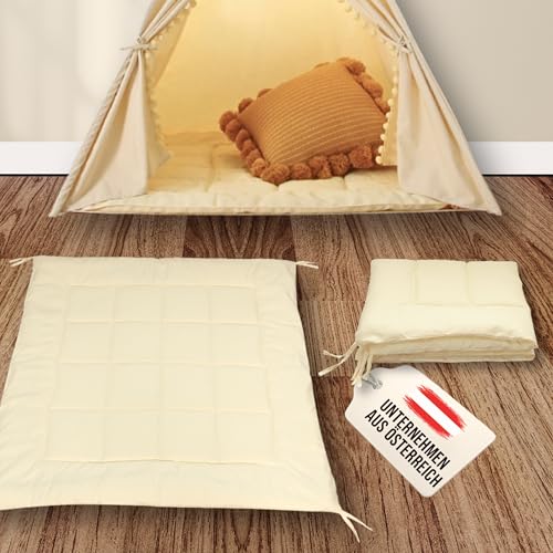 LIONHERZ® Tipi-Matte mit Bänder 120x120cm | gepolsterte Bodendecke für Spielzelt/Spielhaus | weiche quadratische Spieldecke für Kinder| abgesteppte Einlage/Unterlage zum Binden (Sunny Cream)