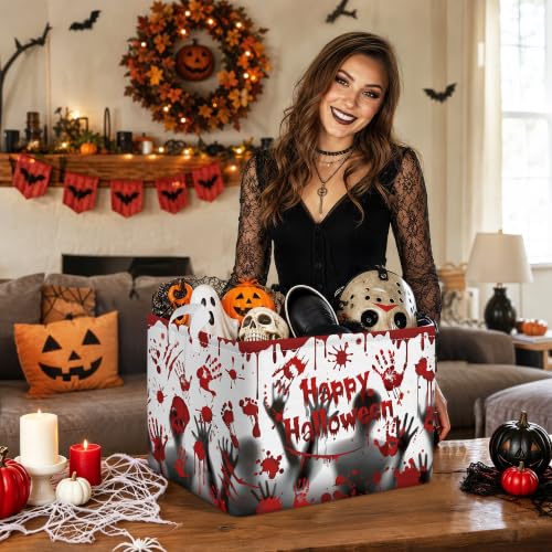 Image of Clastyle Large Spooky Halloween Baby Gift Basket Stuffers Boy Girl Pumpkin Bat Graveyard Boo Nursery Bin Kid Book Toy Box Collapsible Clothes Organizer for Bedroom, Blood Hand, 40 * 30 * 30 cm